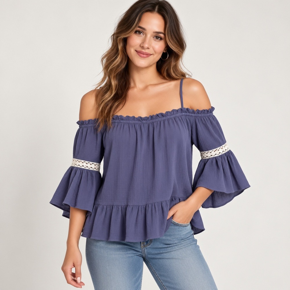 Shyanne Top‎ Women Large Purple Off Shoulder Bell Sleeve Crochet Cotton WSP17W9
